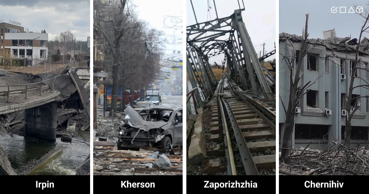 Destroyed Ukrainian cities where the Label Your Data team members reside