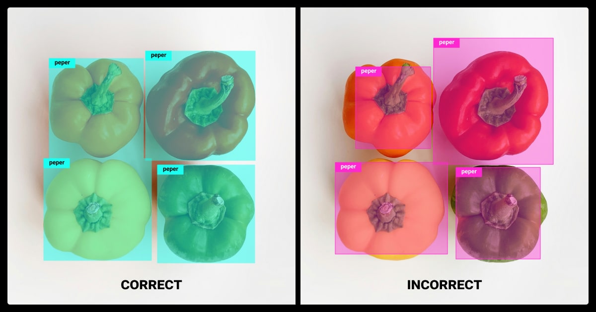 Examples of correct vs. incorrect bounding box annotation