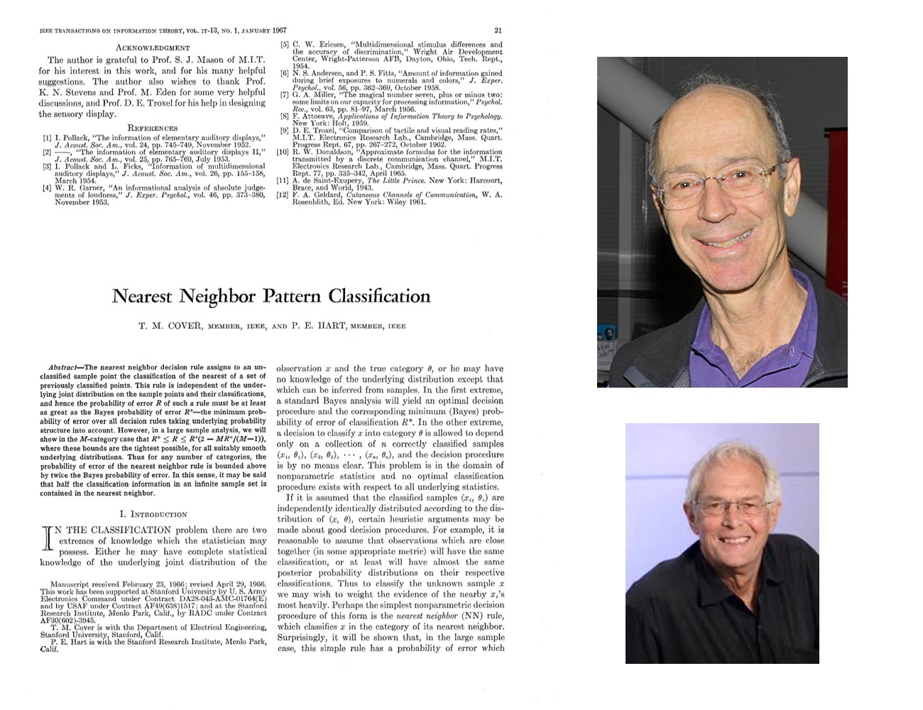 First page of the article 'Nearest Neighbor Pattern Classification' by Thomas Cover (bottom) and Peter Hart (top).