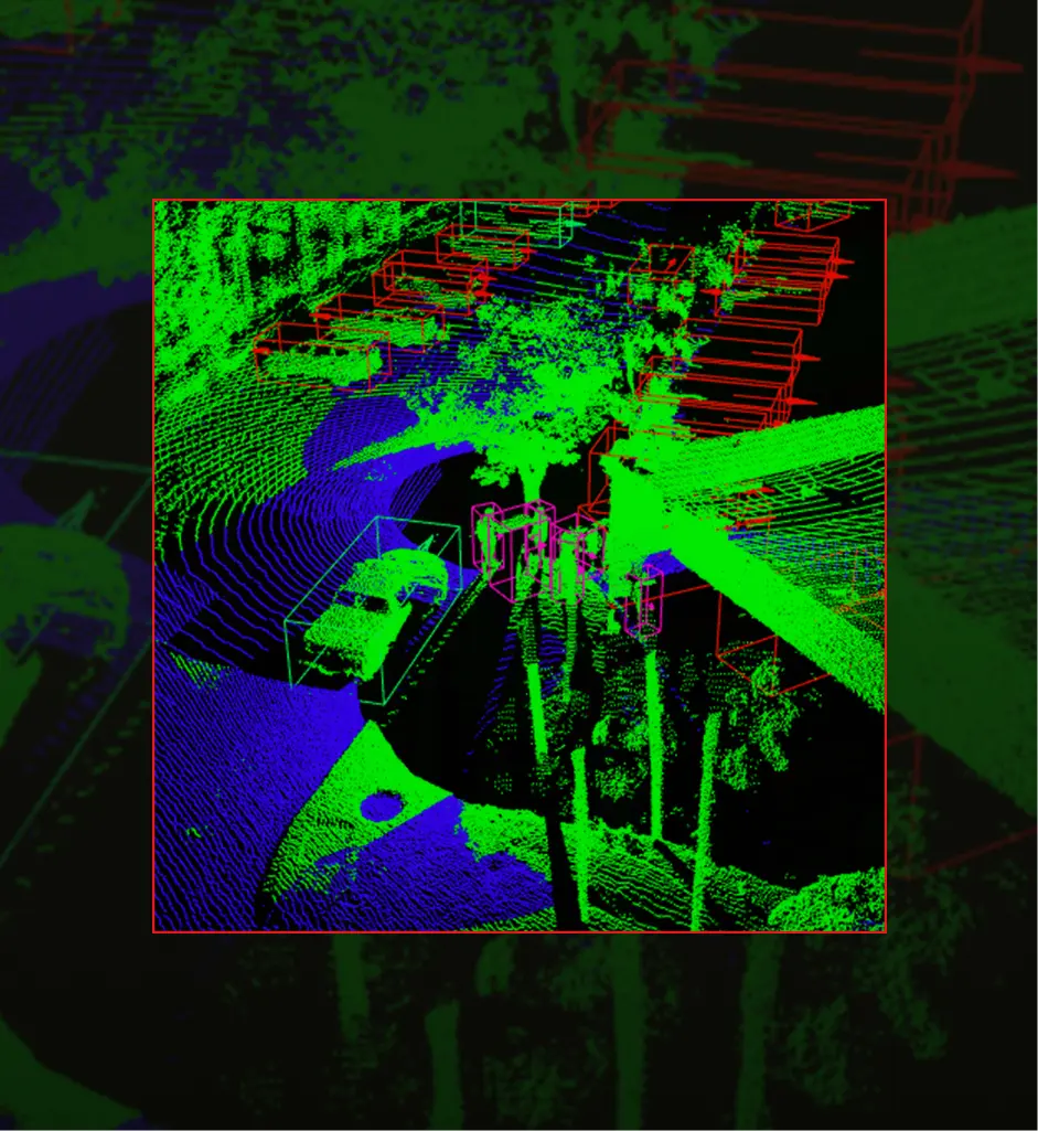 LiDAR point cloud with 3D cuboid annotations for vehicles and surrounding objects