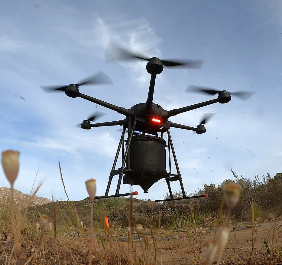 Drone used for reforestation project combining machine learning and seed pod delivery