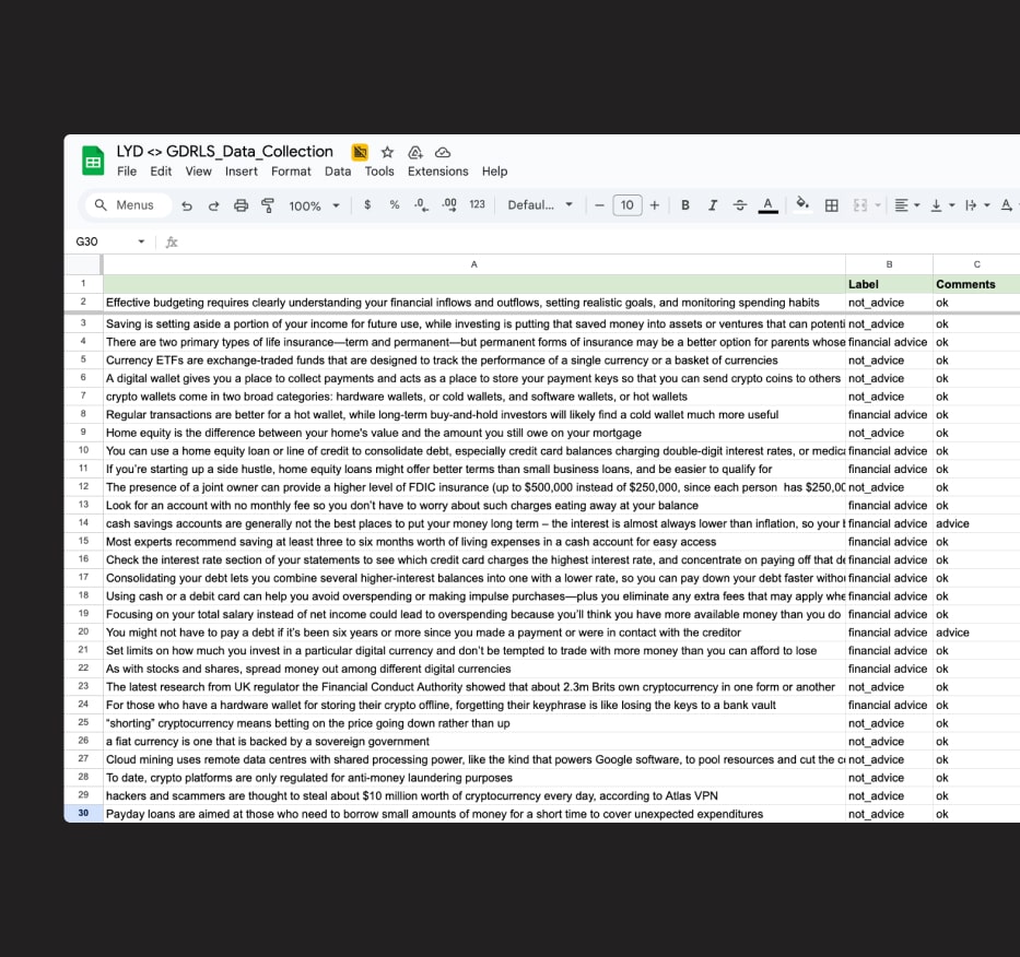 Screenshot of a Google Sheets document containing labeled financial advice sentences with columns for text, label, and comments.