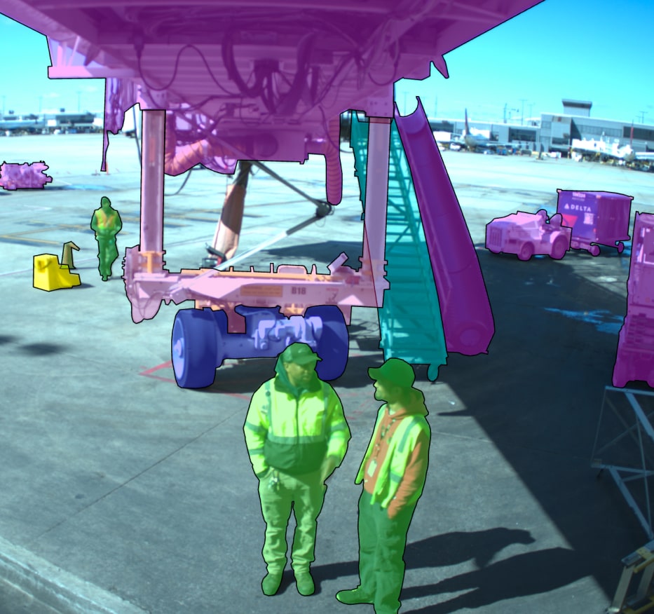 Annotated airport scene showing labeled people, vehicles, and equipment for depth modeling