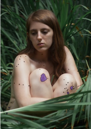 Annotated image of a woman with body feature labels for computer vision