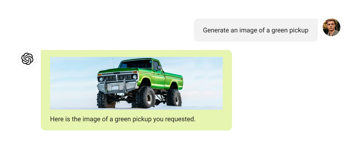 An example of a user requesting the LLM to generate an image of a green truck. The LLM responses with the correctly generated image